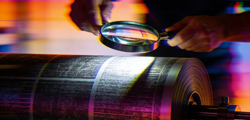 operator inspecting a gravure cylinder under a magnifying lamp