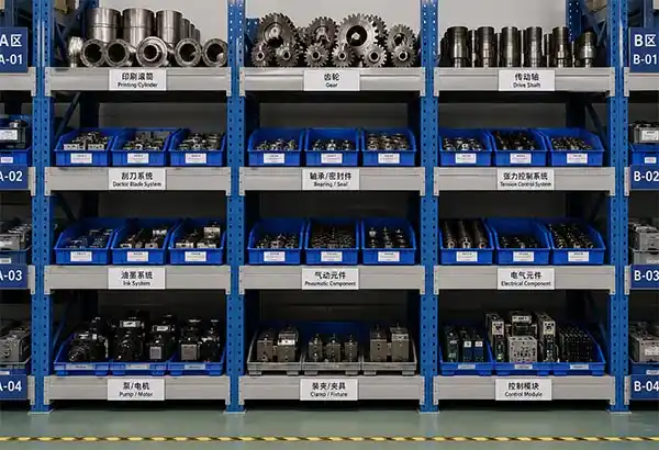 Organized shelves of spare parts for a gravure printing machine, labeled clearly – an illustration of good service preparedness
