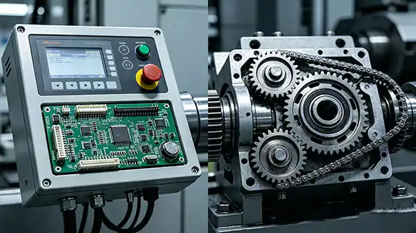 Side-by-side comparison of an electronic shaft control panel and a mechanical gear train assembly