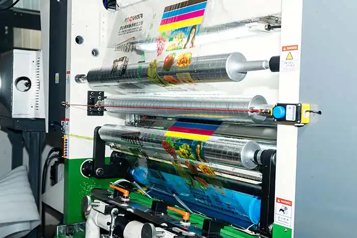 Side-view of a gravure printing line with a highlighted drum and web path – schematic