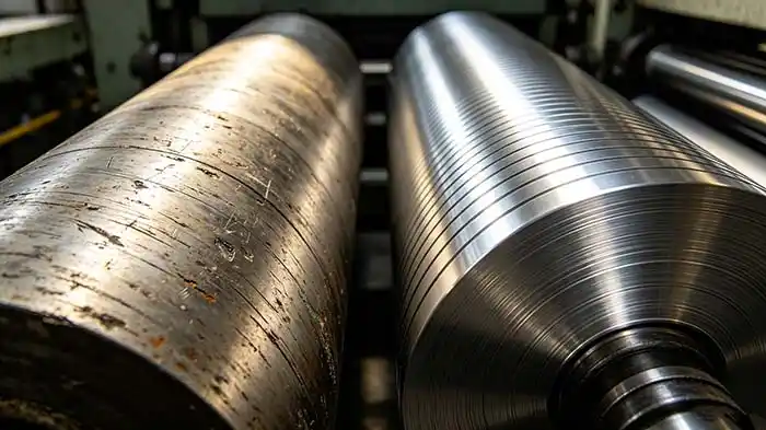 Side-by-side comparison of a worn gravure cylinder vs a precision-engineered new cylinder
